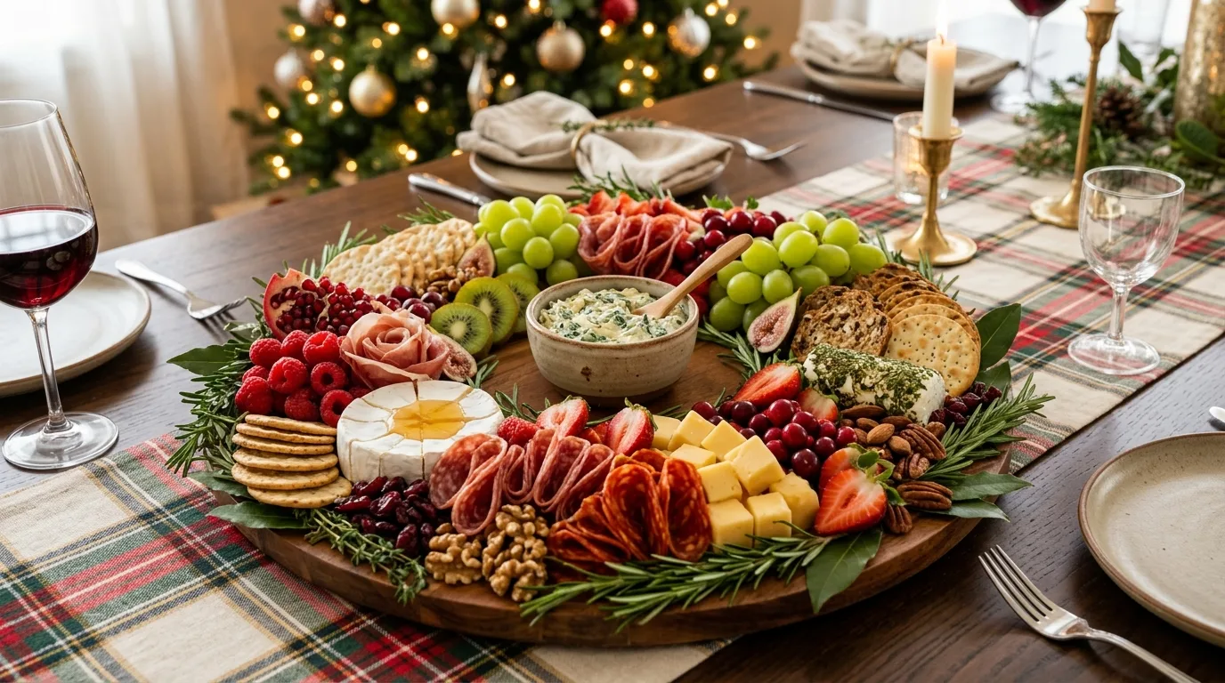 Breakfast charcuterie board with croissants, bagels, fruit, smoked salmon, and spreads