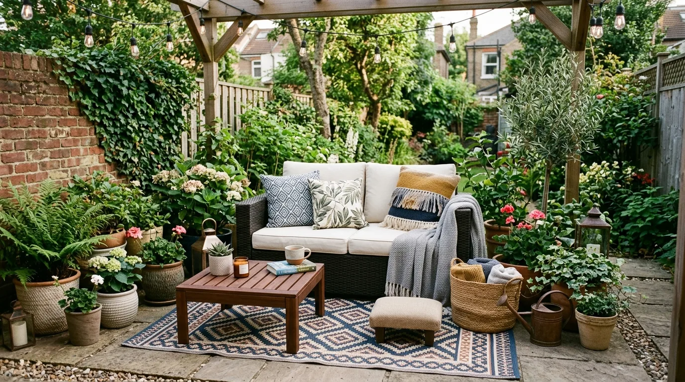 Small backyard fire pit patio with compact seating, pavers, side table, and cozy evening ambiance