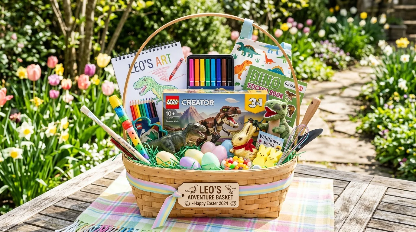 Easter movie night basket with popcorn, snacks, blanket and bunny plush
