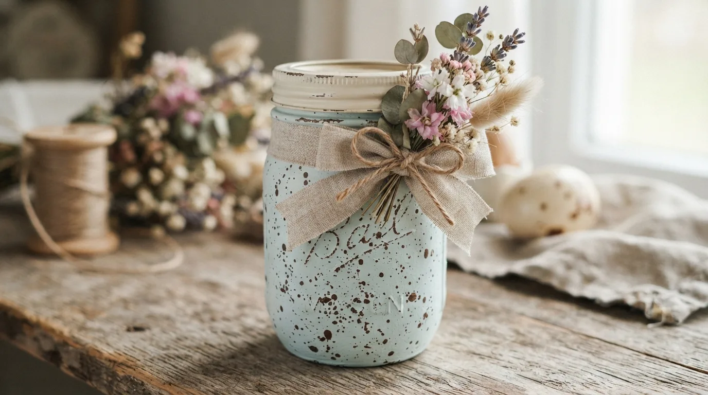 Easter bunny candy Mason jar with pastel sweets and ribbon