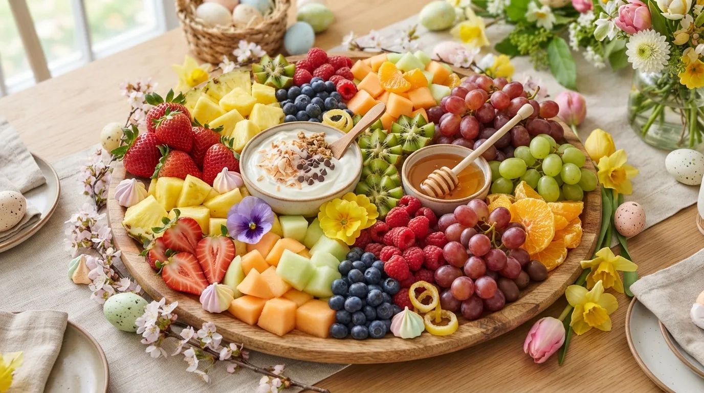 Spring garden Easter charcuterie board with fresh produce and flowers