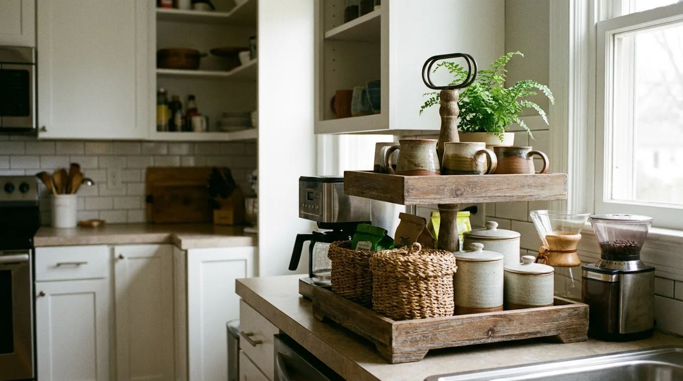 Small apartment coffee corner using a narrow tiered tray beside a compact coffee maker