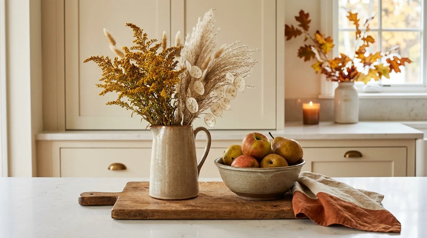 Cozy fall coffee table styled with books, candle, dried foliage, and pumpkin