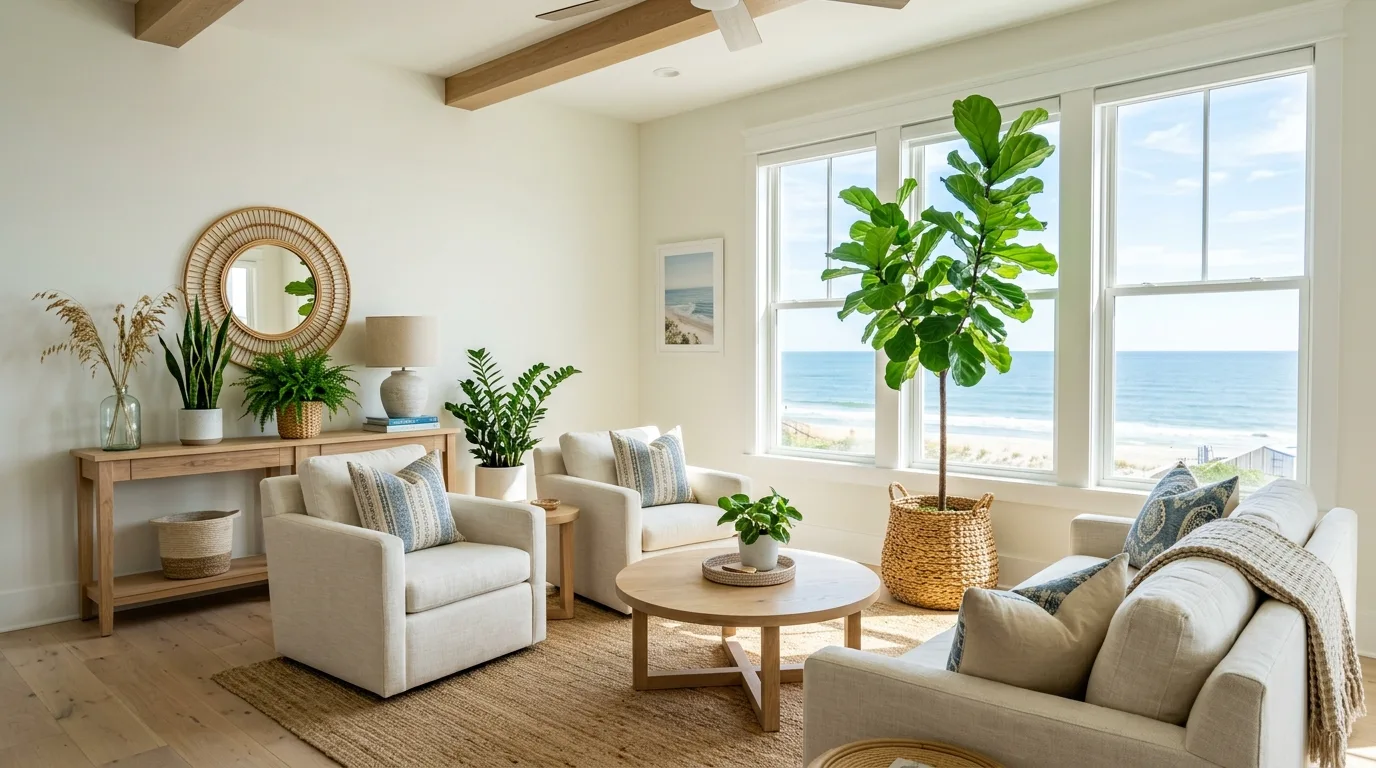 Coastal living room with a large natural jute rug and light furnishings