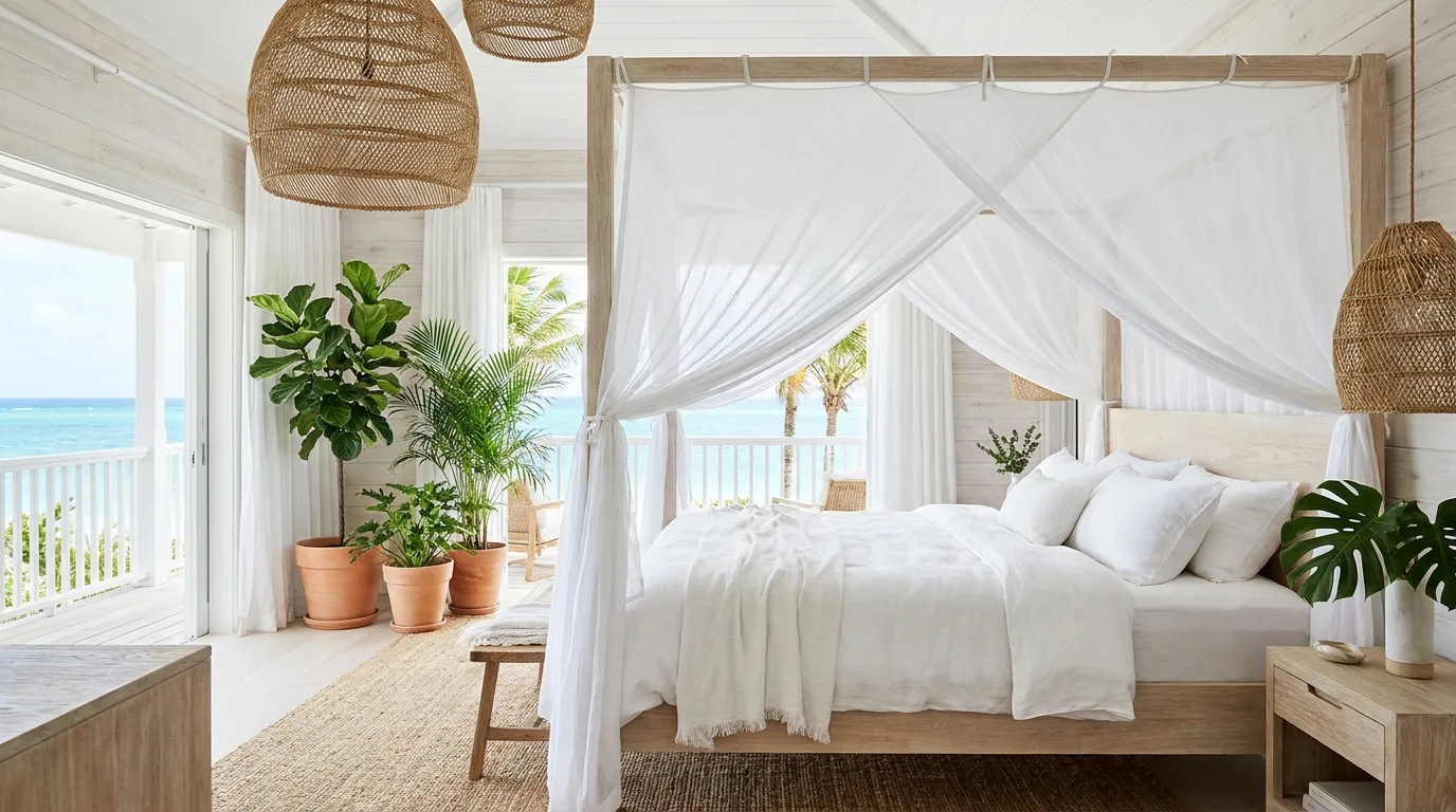 Serene coastal bedroom with muted ocean blue accents and sandy neutrals