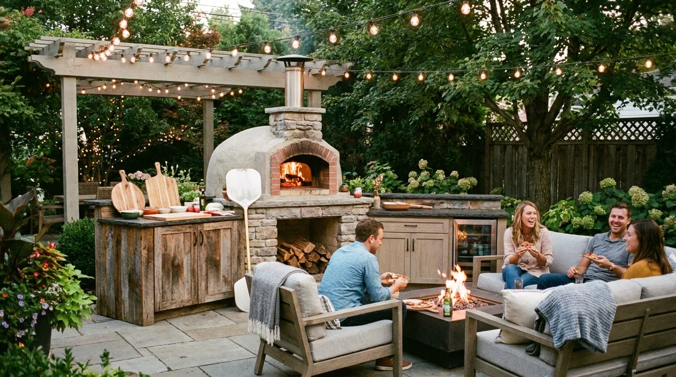 Outdoor kitchen beneath a pergola with grill, dining area, lighting, and greenery