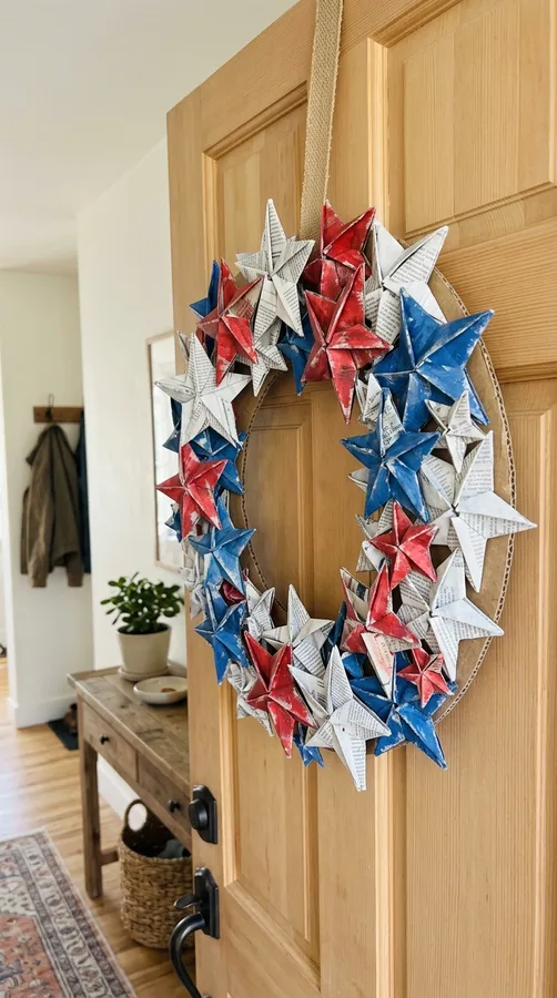 Recycled denim wreath decorated with patriotic stars and ribbon