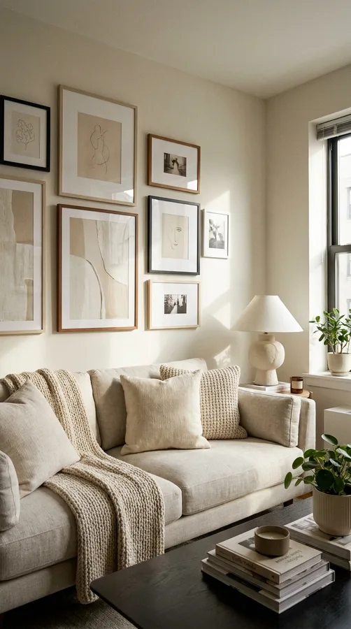 Apartment living room decorated with houseplants and woven planters