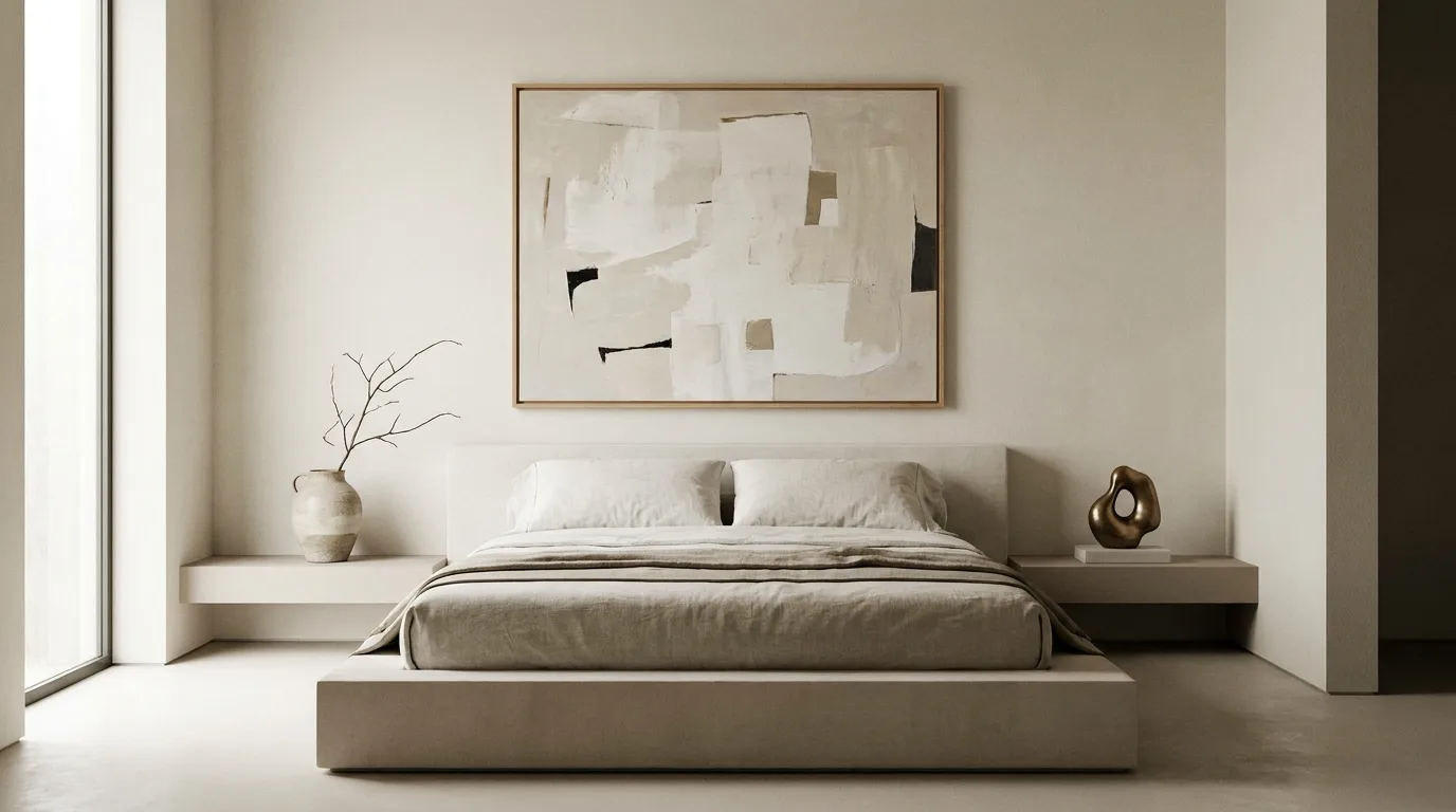 Cozy minimalist bedroom with warm white walls, linen bedding, and pale wood furniture