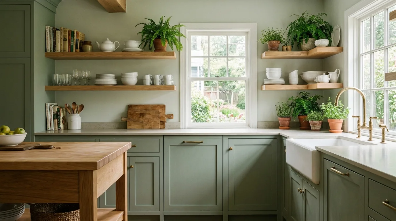 Two-tone kitchen with sage green lower cabinets and white upper cabinets