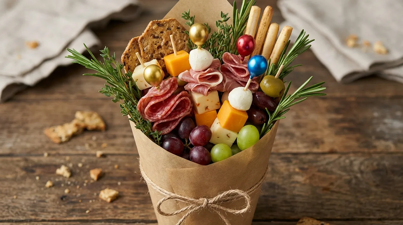 Fruit-filled charcuterie bouquet with berries, melon, cheese, and prosciutto