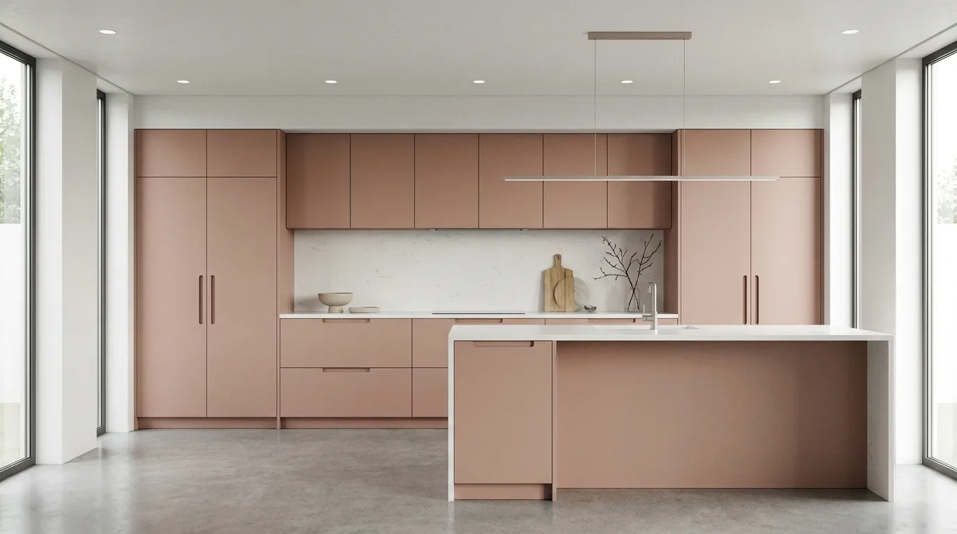 Elegant rose pink kitchen with marble-look counters and brass details