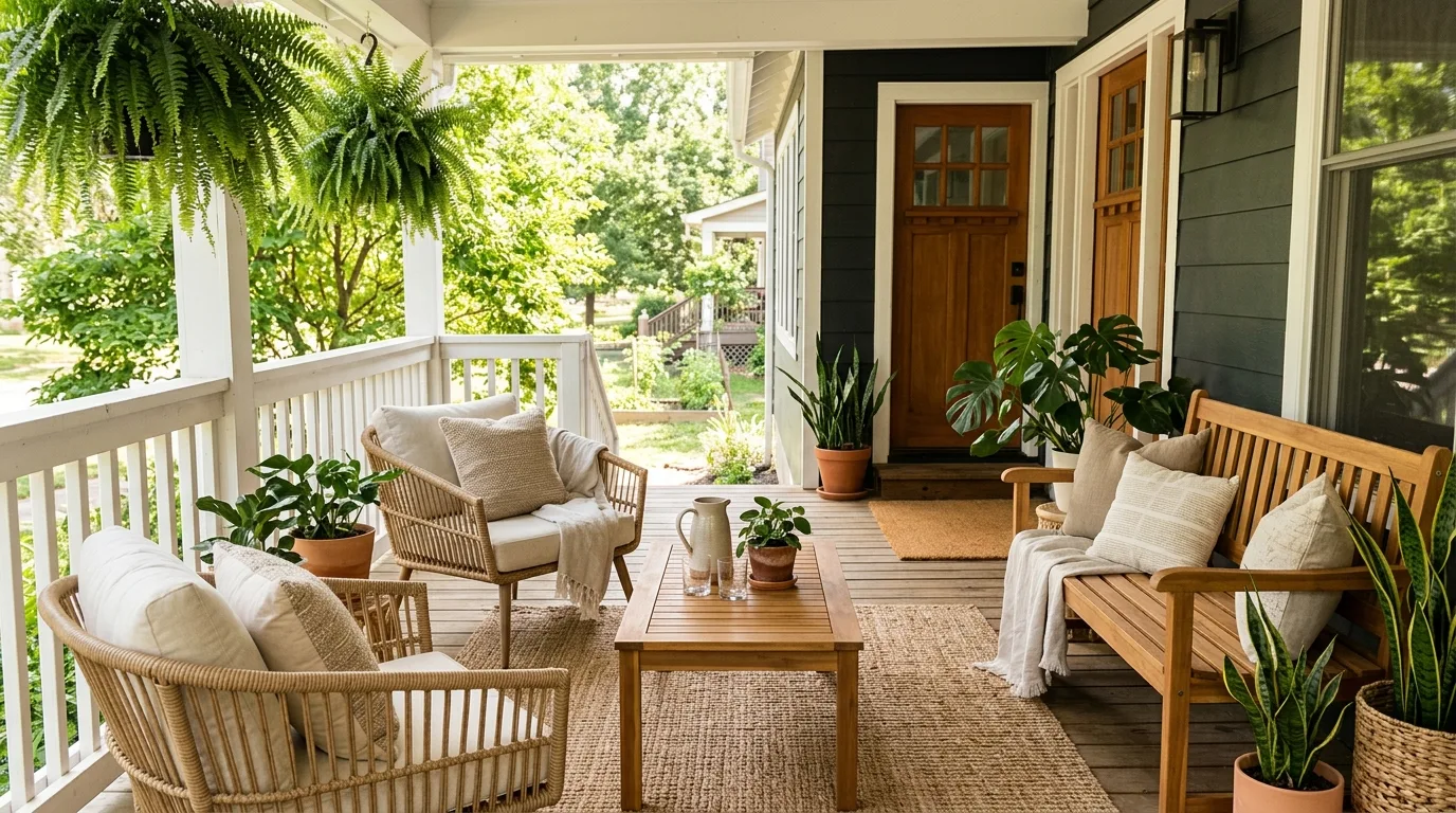 Summer flower baskets hanging on a front porch