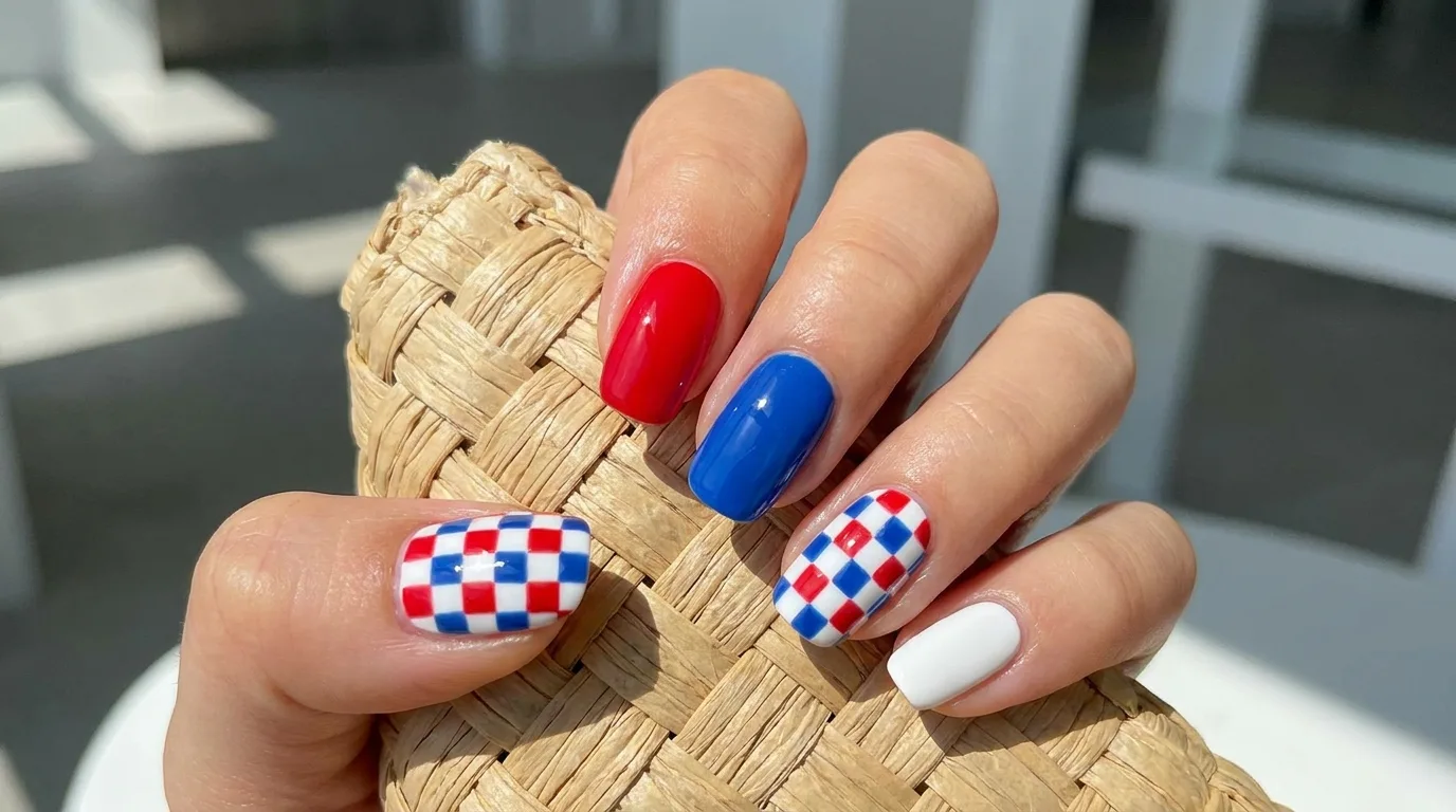 Glittery red white and blue holiday nails