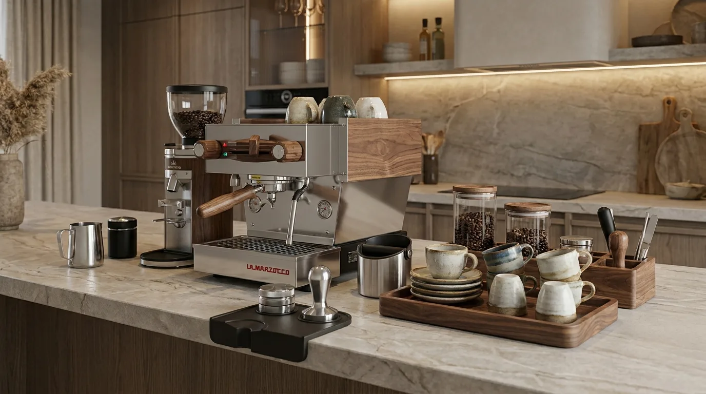 Modern black-and-white coffee bar with sleek espresso equipment and minimalist accessories
