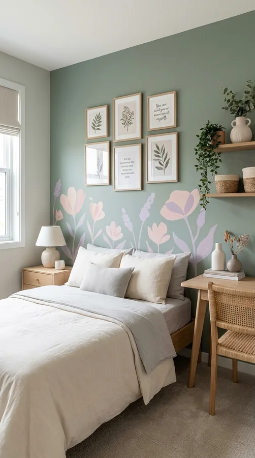 Pink and white teen girl bedroom with blush bedding and modern decorative accents
