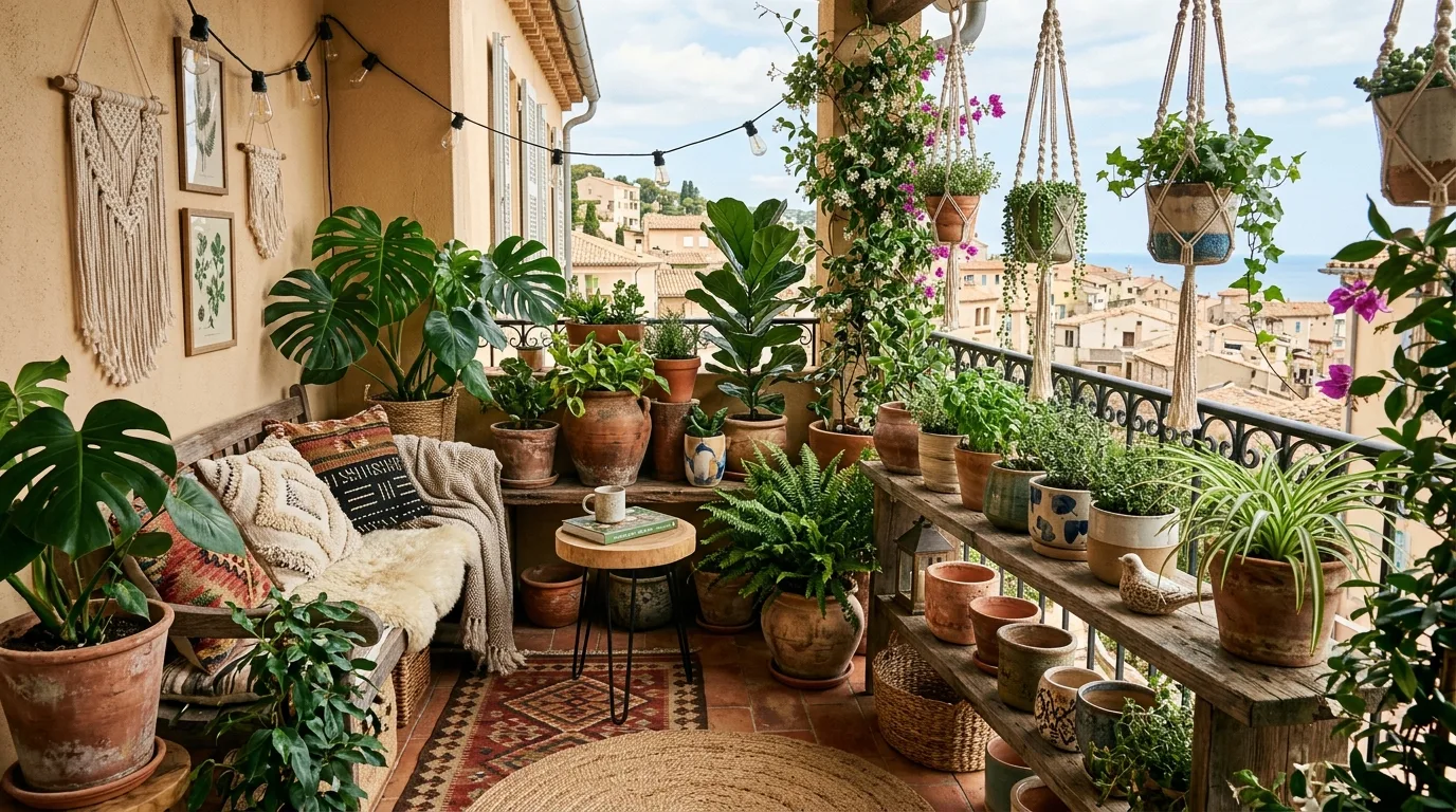 Macramé wall accent adding boho texture to a balcony