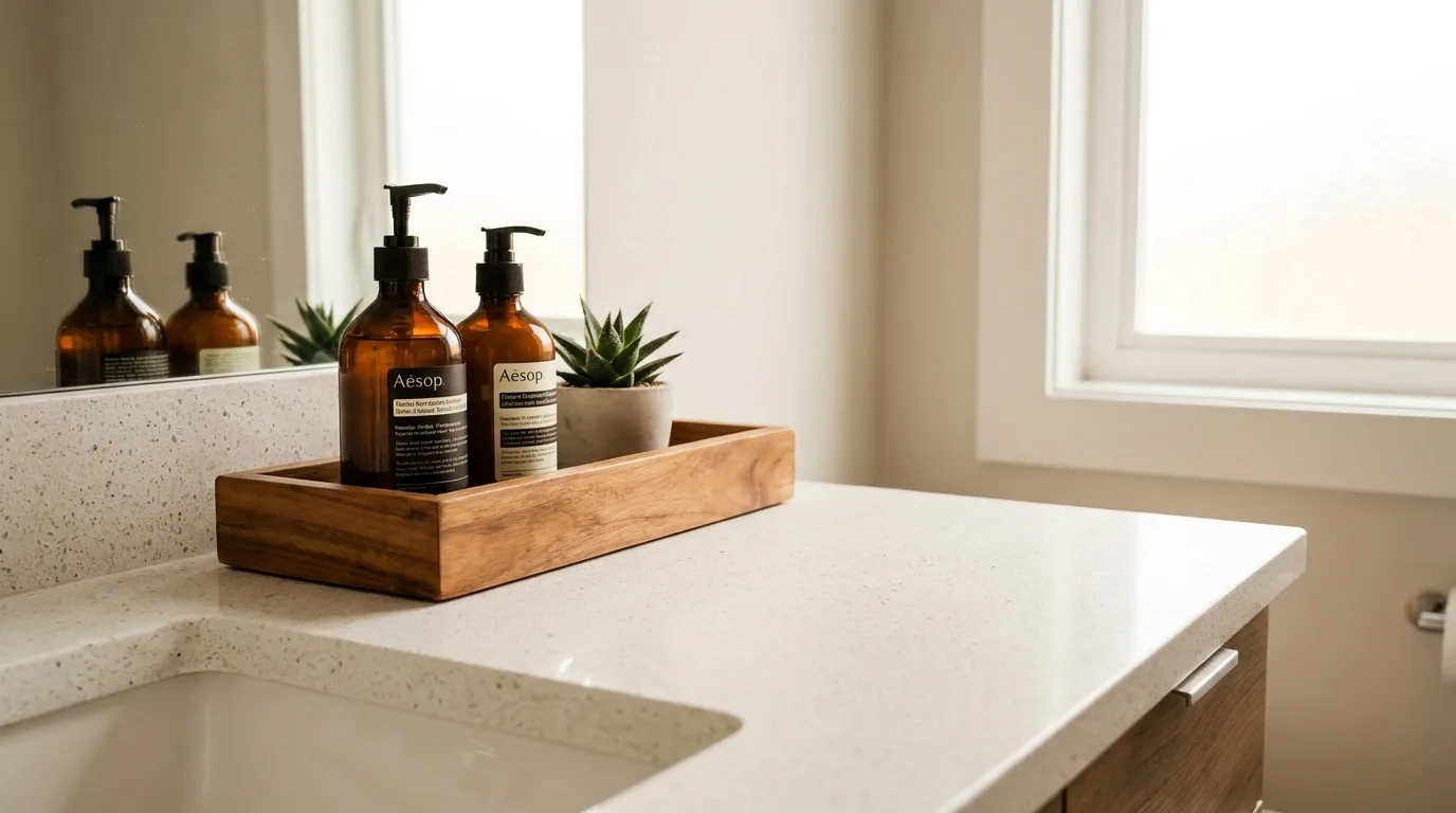 Small vase of white flowers decorating a bathroom counter