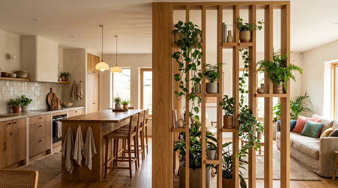 Open shelving used as a kitchen room divider