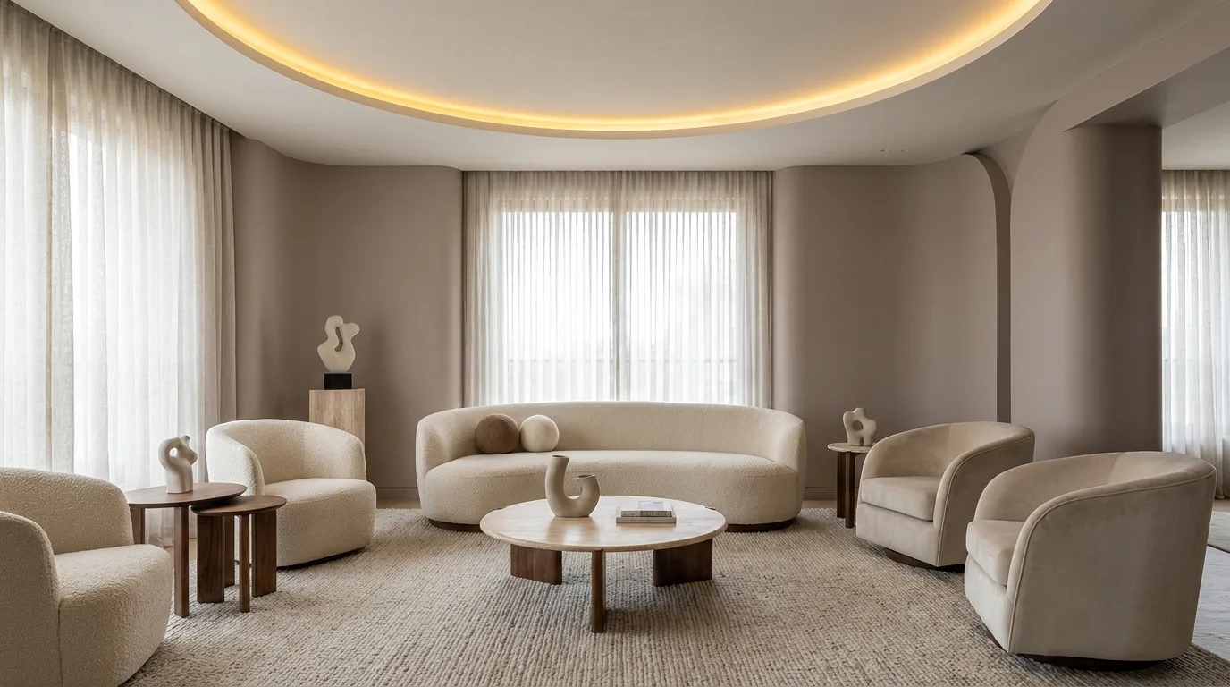 Contemporary living room featuring a geometric layered false ceiling design