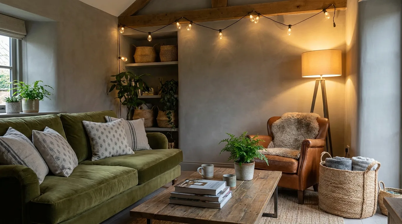 Grey and blush pink living room with soft modern style