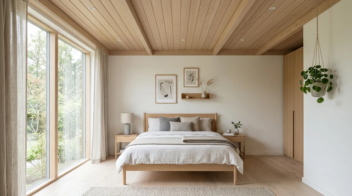 Wooden false ceiling with recessed LED lighting