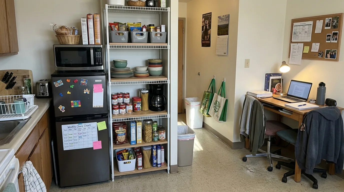 Compact refrigerator in a temporary rental apartment kitchen