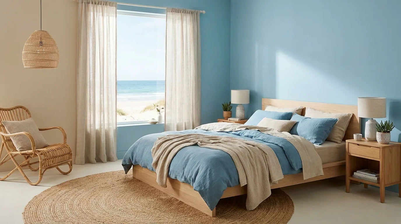 Charming bedroom with powder blue and blush pink walls, light wood furniture, and soft bedding.