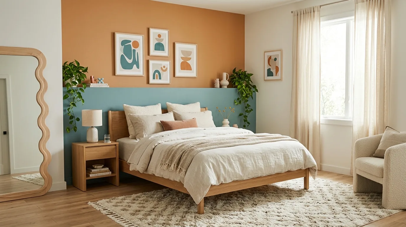 Bold bedroom featuring burnt orange and navy blue walls