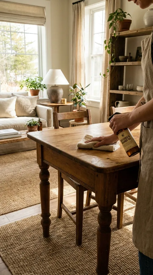 Wooden bedroom furniture with a natural-looking finish and linen accessories.