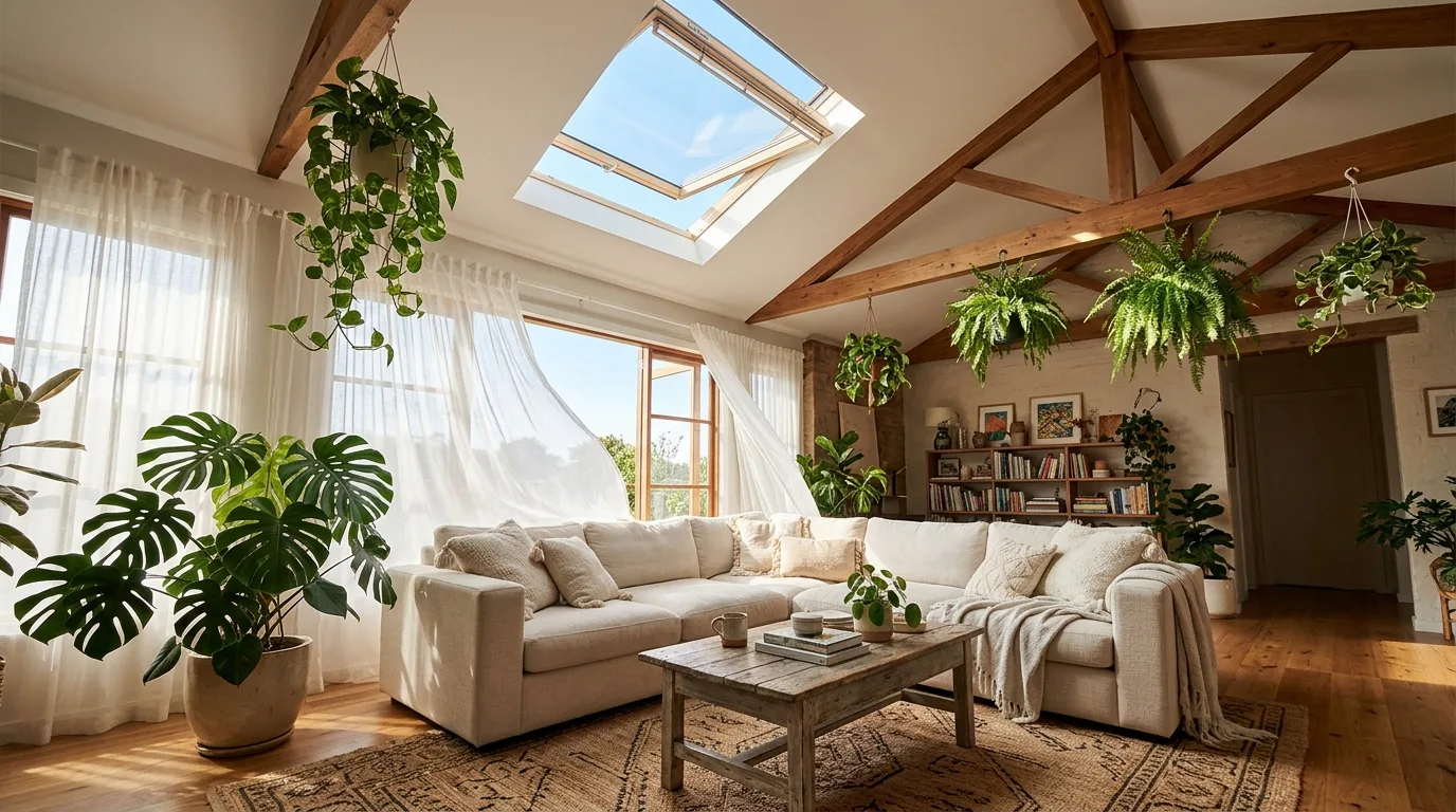 Vaulted room using a skylight to release warm rising air