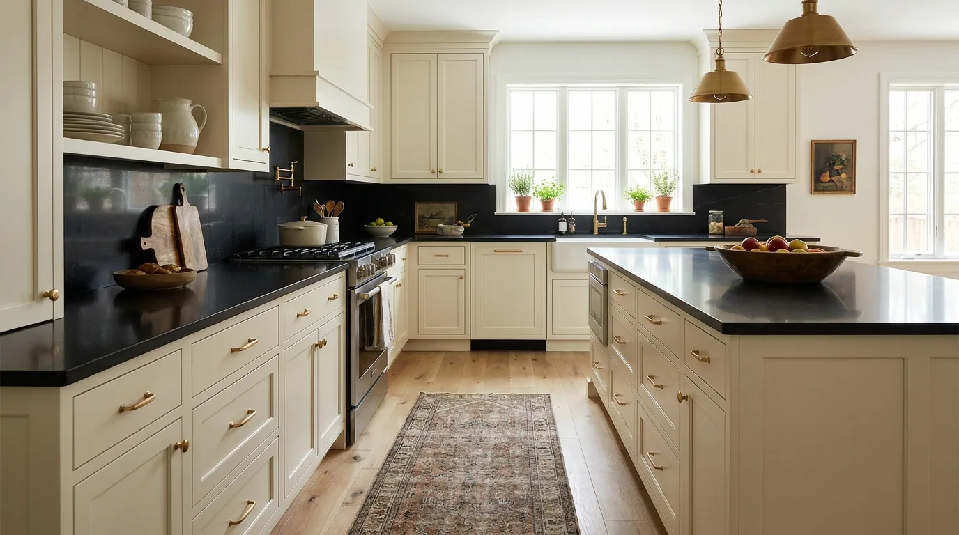 Black quartz countertops with a classic white subway tile backsplash
