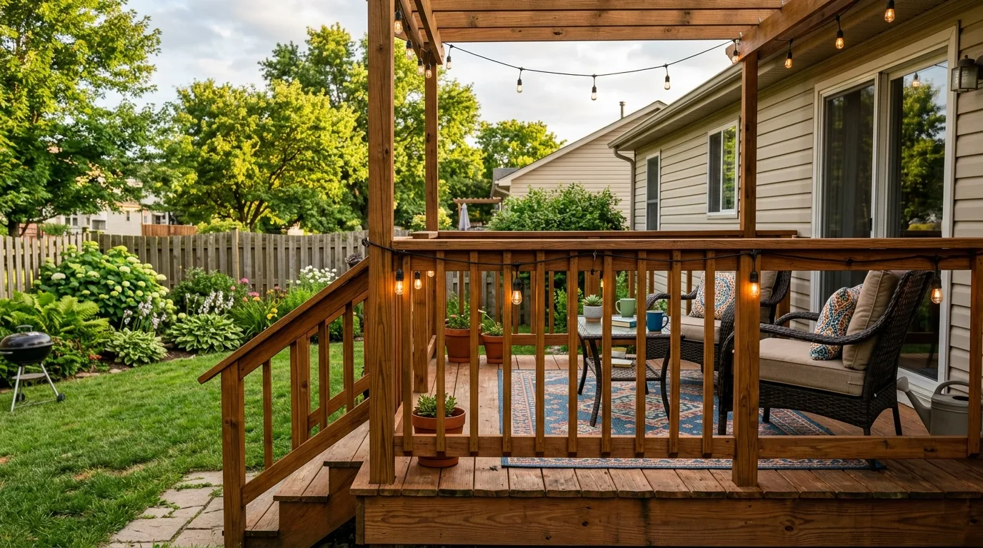 Wooden deck combined with an affordable gravel patio and outdoor seating
