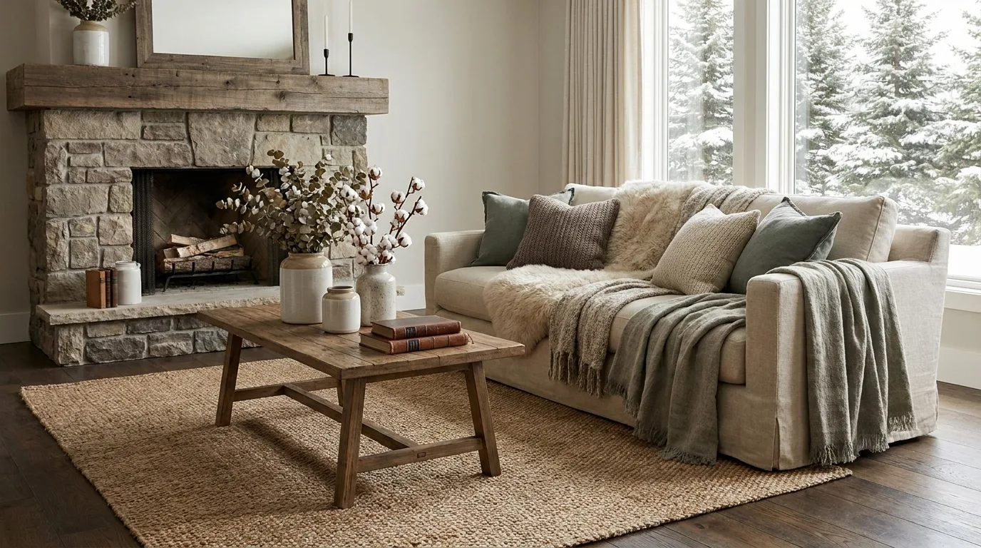 Neutral winter decor palette with beige, cream, brown, and muted sage