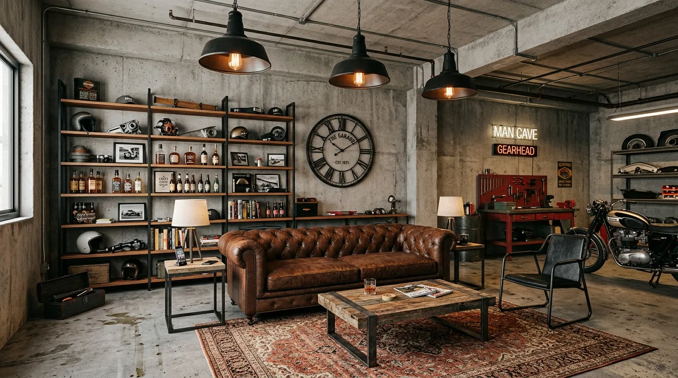 Garage man cave with pool table and lounge seating