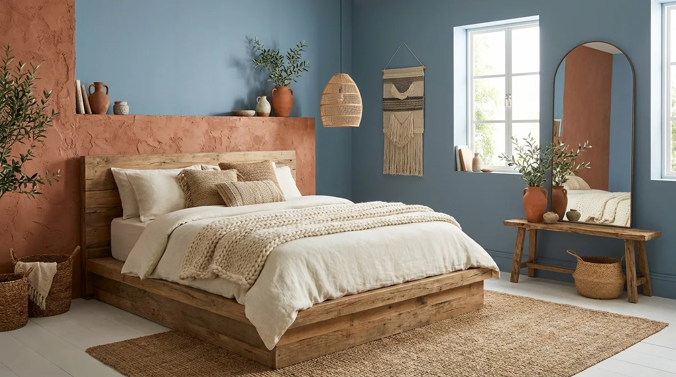 Powder blue and cream bedroom walls in an airy interior