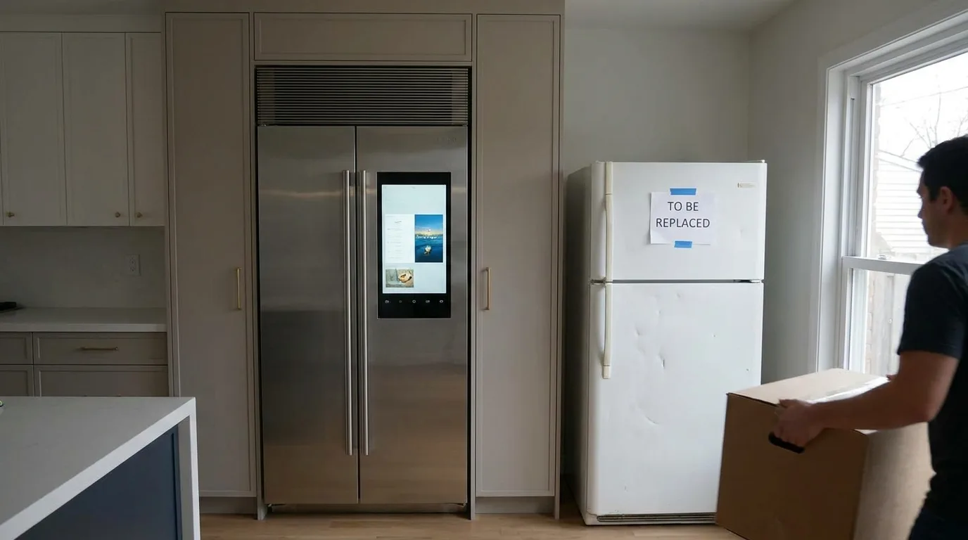 Technician servicing a refrigerator in a modern home kitchen