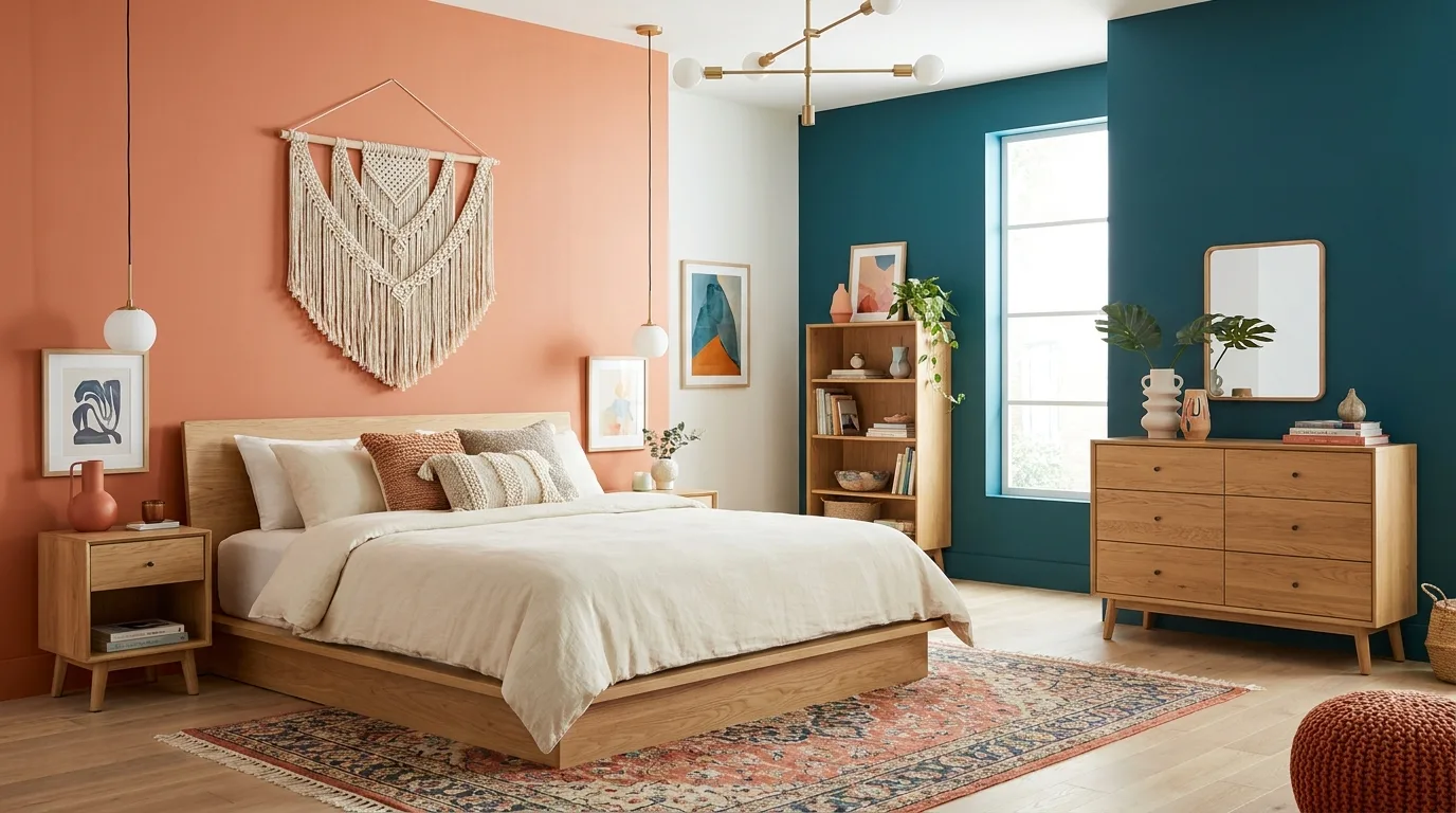 Contemporary burnt orange and gray bedroom walls