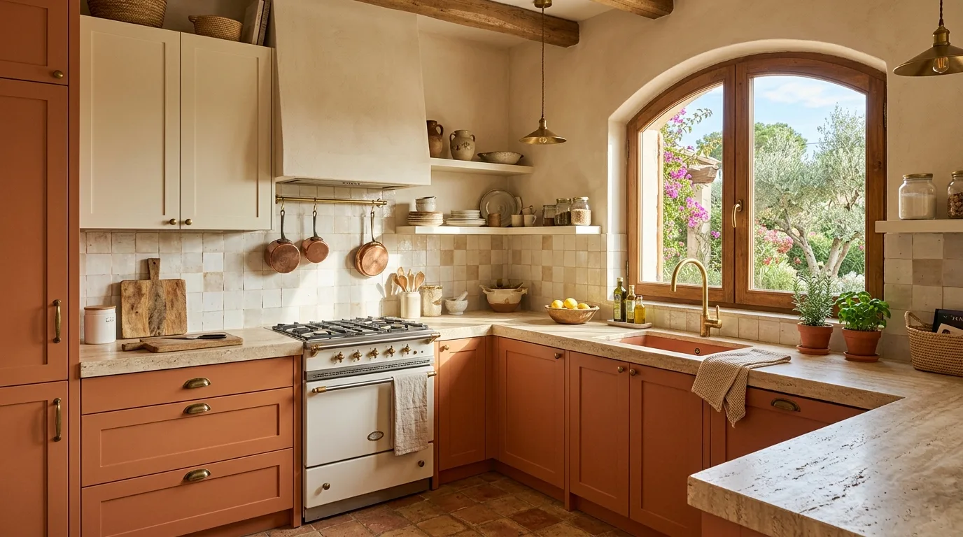 Cream and walnut brown laminate kitchen cabinets