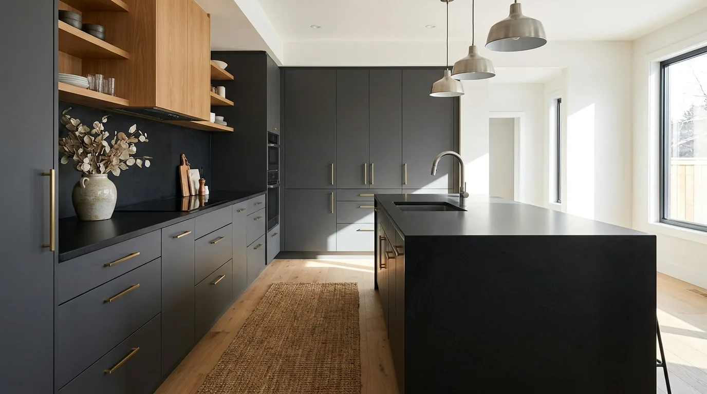 Black quartz kitchen with warm brass hardware
