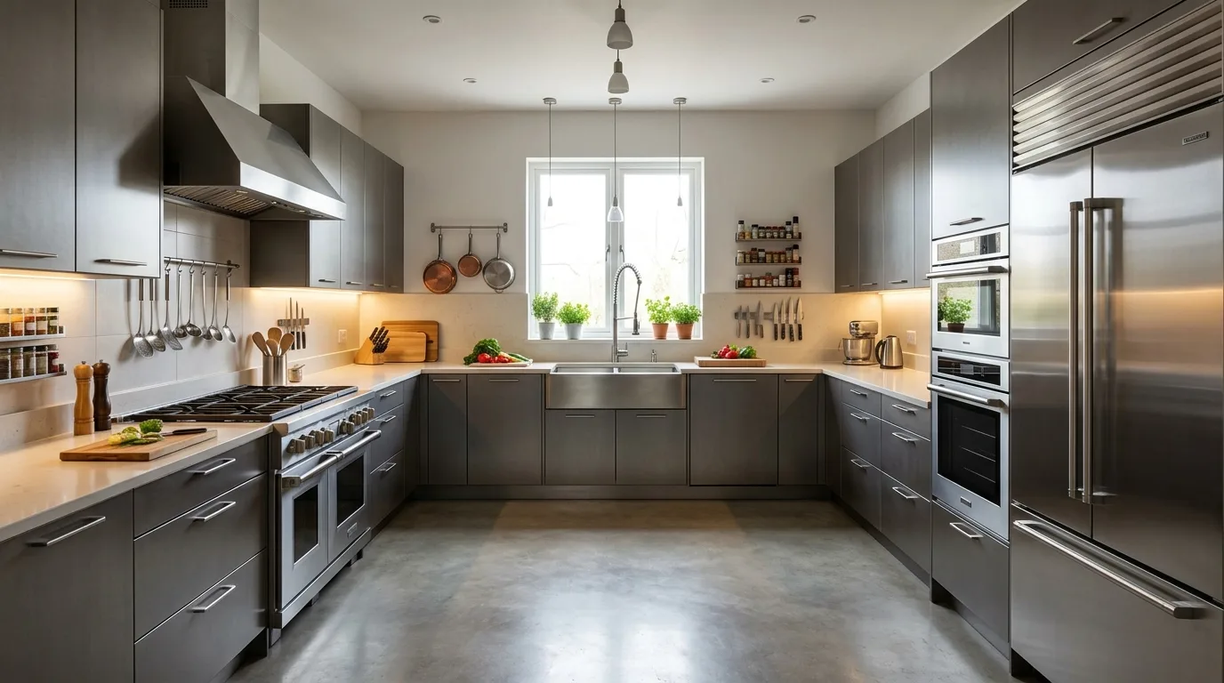 Minimalist handleless aluminium kitchen with clean flat cabinet fronts