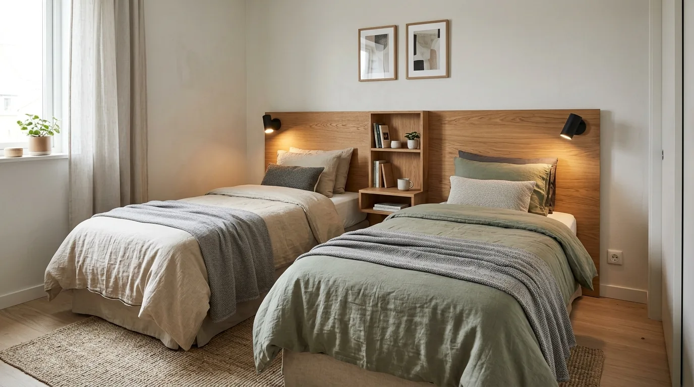 Built-in bunk beds with integrated drawers and shelves in a small room