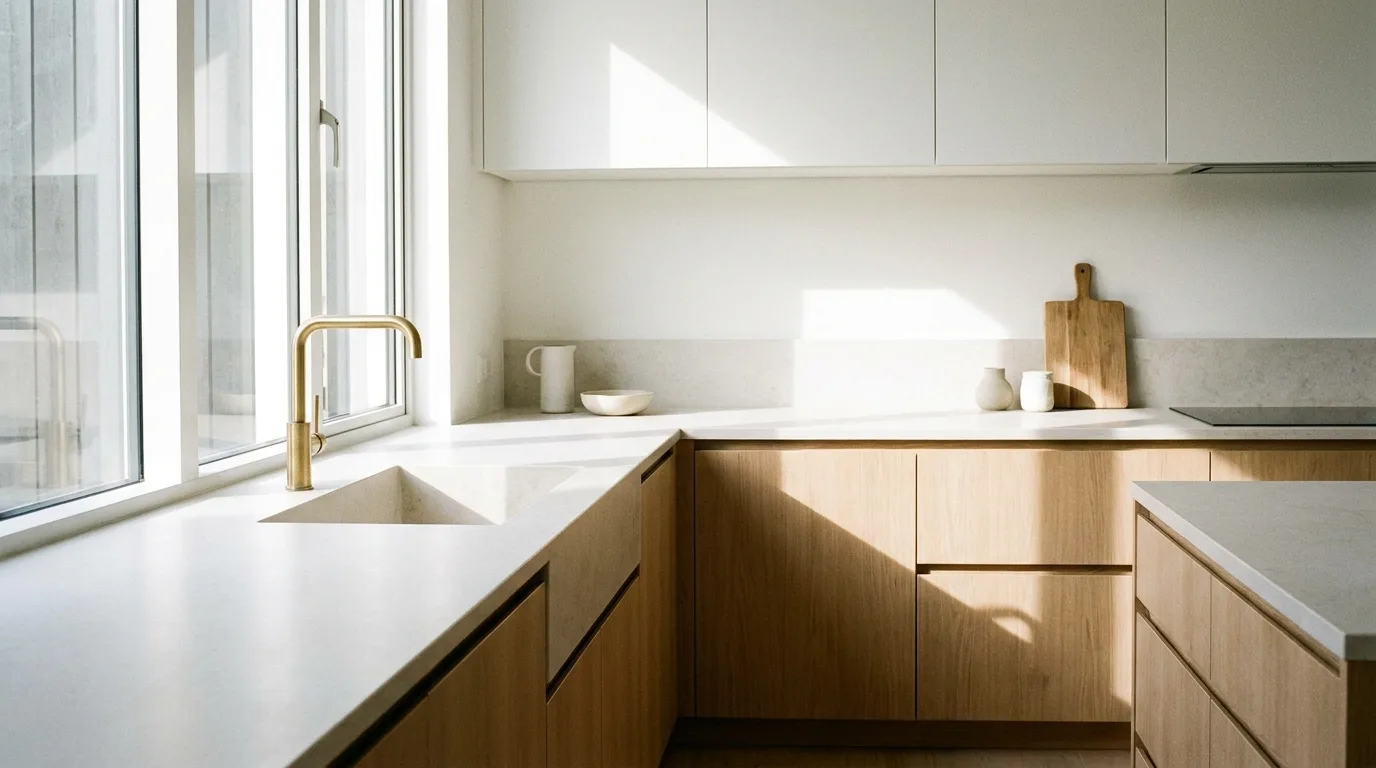 Black-and-white kitchen with contrasting countertop slabs