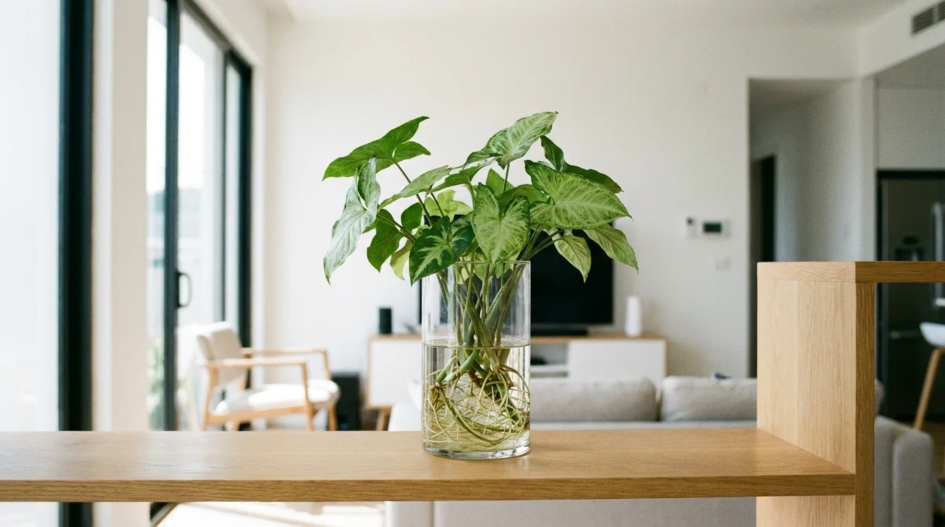 Chinese evergreen cutting growing in water indoors