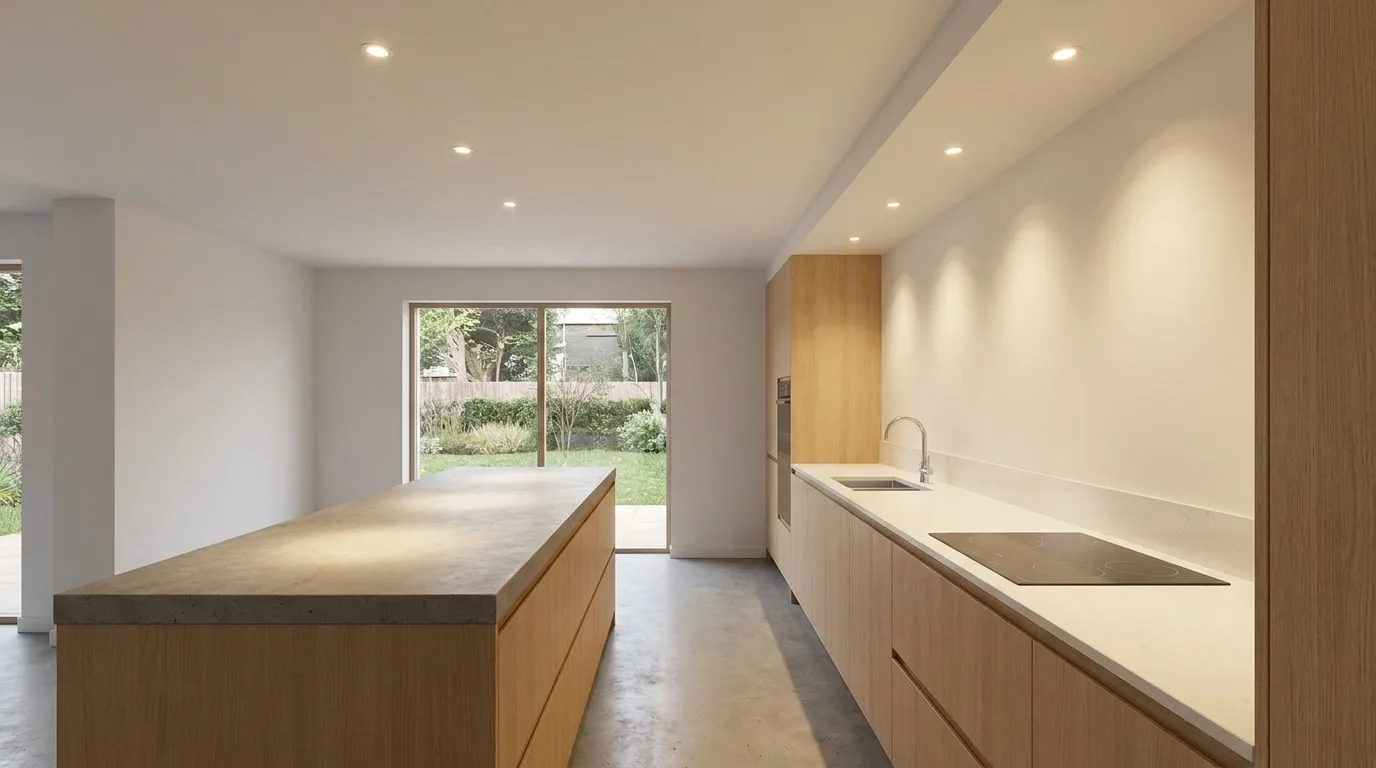 Contemporary kitchen with a geometric false ceiling design