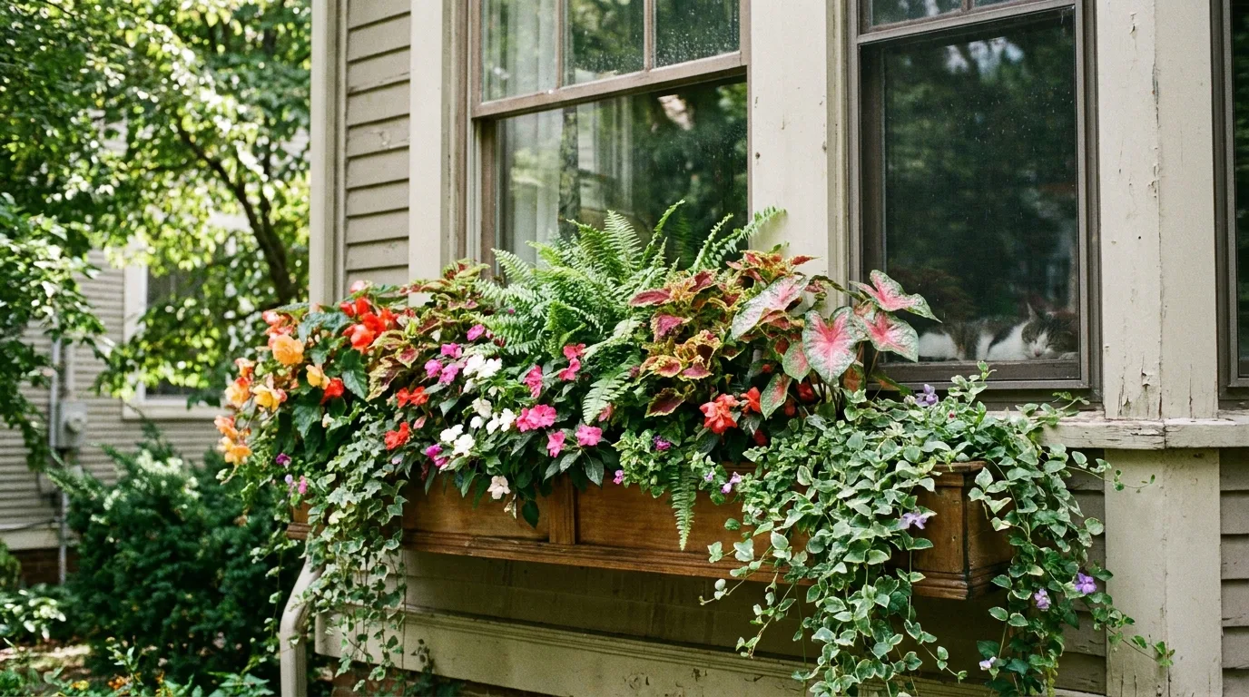 Kitchen window box filled with fresh culinary herbs