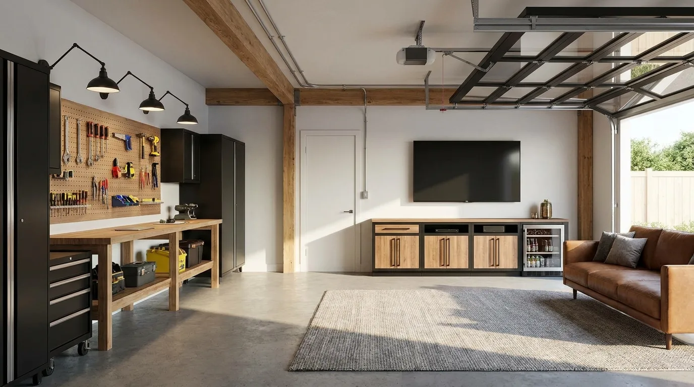 Garage home theater with projector screen, reclining seats, acoustic walls, and snack station