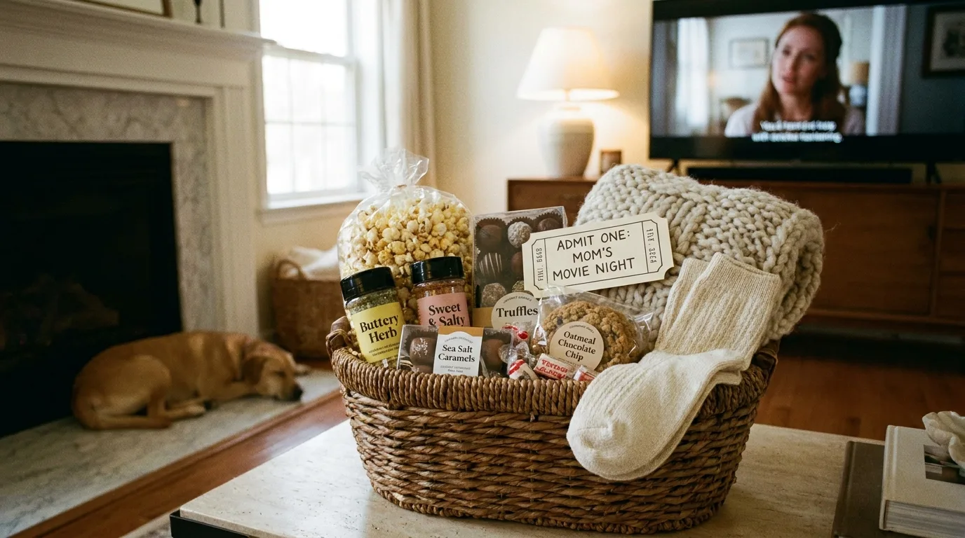 Gardening gift basket with gloves, hand tools, seeds, plant markers, and a flowering plant