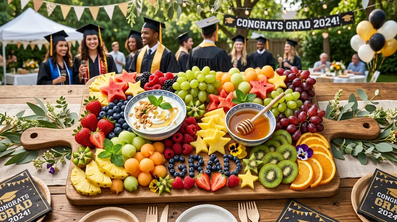 Fresh fruit graduation grazing board with berries, grapes, pineapple, melon, kiwi, and dipping sauces