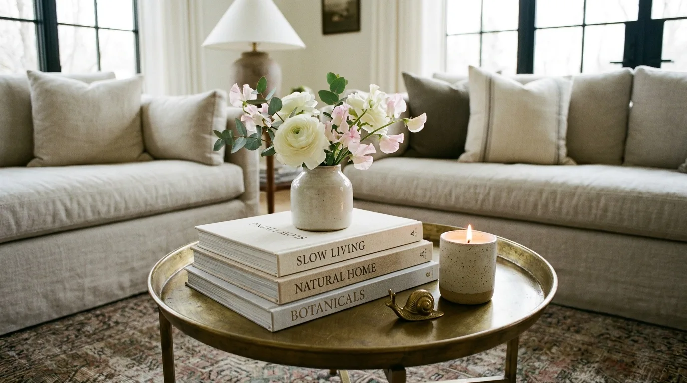 Minimalist spring tray with a leafy plant, candle, and neutral decor